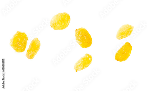 yellow raisins isolated on white background. Top view.
