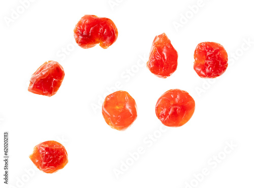 Dried red goji berries isolated on white background. Top view