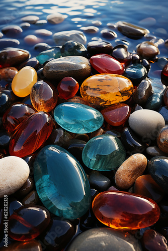 Many colorful, colorful stones, transparent glowing stones. AI generative