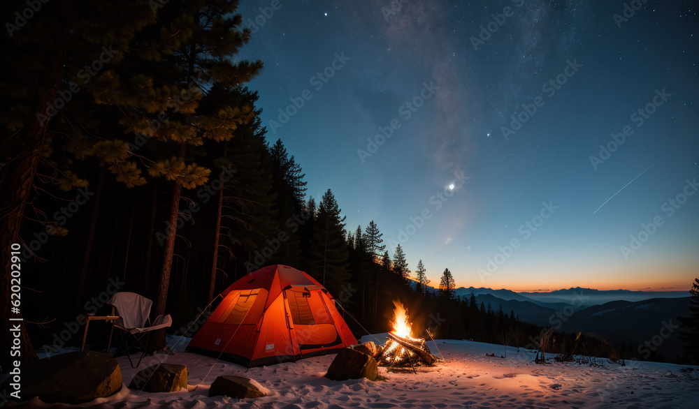 Camping sauvage en forêt avec une tente près du feu. Generative AI.