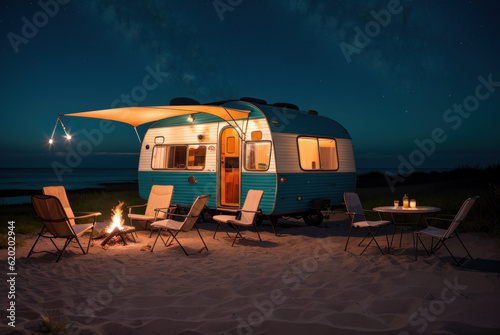 Caravane et feu de camp sur la plage à la tombée de la nuit. Generative AI.