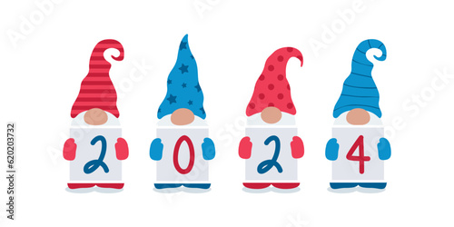 christmas and new year greeting card 2024 cute christmas dwarf vector illustration EPS10