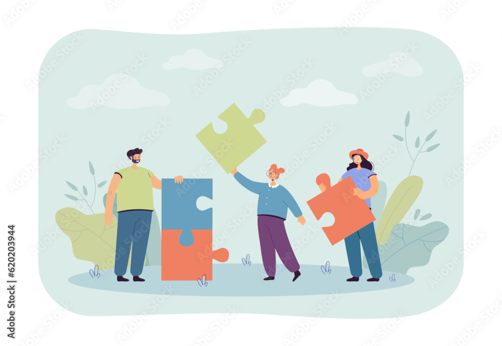 Tiny workers putting puzzle pieces together vector illustration. Cartoon drawing of man and women solving problem, group project. Teamwork, collaboration, communication, brainstorming concept