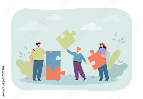 Tiny workers putting puzzle pieces together vector illustration. Cartoon drawing of man and women solving problem, group project. Teamwork, collaboration, communication, brainstorming concept © SurfupVector