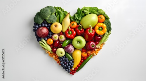 Healthy heart made of fruits and vegetables on white background, top view