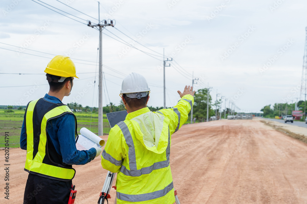 Engineers and contractors plan together on site to work on a rural highway road. Engineers and contractors plan together on site to work on a rural highway road.