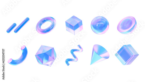 Collection of holographic shapes. Curves, cones, crystals and more. Decorative elements for social networking, print and web design. 3D vector illustration.