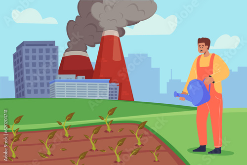Sad farmer watering plants next to factory vector illustration. Problems with agriculture due to air pollution, water shortage, climate change. Farming, drought, nature, industry, ecology concept