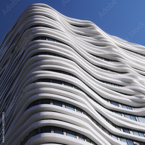 Closeup of building with white wavy stripes. Abstract architectural form.