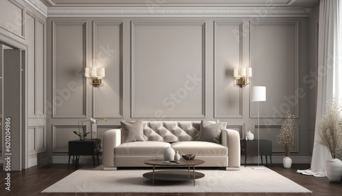 Modern minimalist gray, beige interior with sofa, wall moldings, carpet and decor. 3d render illustration mockup. , Generative ai 