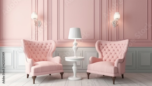 Pastel interior in classic style with soft armchairs and lamps. 3d rendering   Generative ai