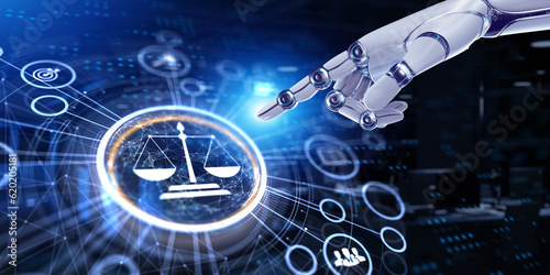 Law concept lawyer cyber digital compliance business technology concept. 3d render robot pressing button.
