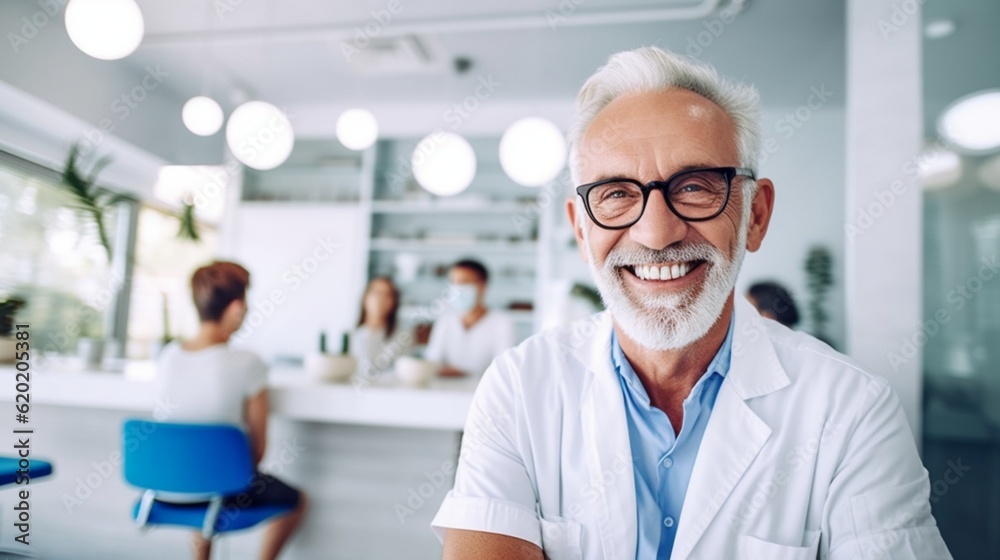 Concept: life and rest of pensioners. A happy elderly doctor is doing his favorite job, accepting patients. created by AI Concept: life and rest of pensioners. A happy elderly doctor is doing his favorite job, accepting patients. created by AI