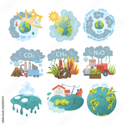 Climate change and greenhouse gases vector illustrations set. Cartoon drawings of impact of carbon dioxide, methane, nitrous oxide on nature, floods, icebergs melting. Ecology, global warming concept