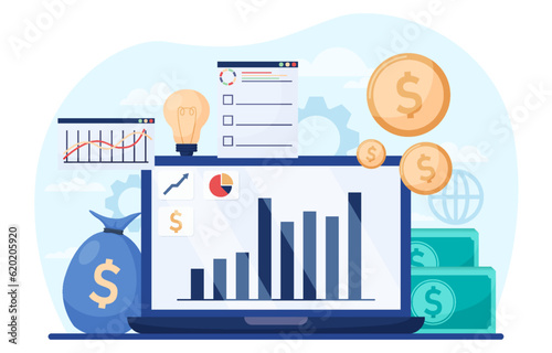 Save money and investment management finance technology. Calculating and analyzing personal or corporate budget, managing financial income. Vector illustration
