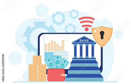 Save money and investment management finance technology. Calculating and analyzing personal or corporate budget, managing financial income. Vector illustration
