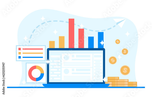 Save money and investment management finance technology. Calculating and analyzing personal or corporate budget, managing financial income. Vector illustration