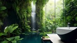 A modern luxury bathroom in the middle of a lush, vibrant jungle, with a waterfall. generated by Ai