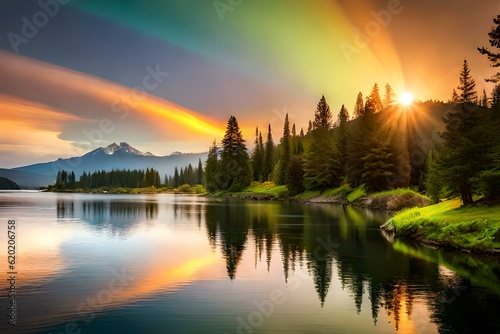 rainbow over the lake generative by Al technology