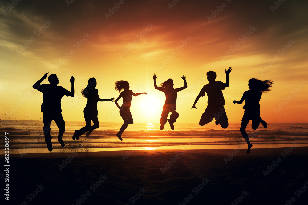 Lifestyles and leisure concept. Young adults people and friends dark silhouettes jumping into air at beach during sunset. Generative AI