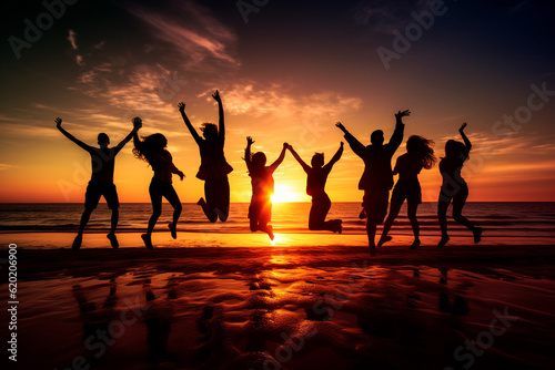 Lifestyles and leisure concept. Young adults people and friends dark silhouettes jumping into air at beach during sunset. Generative AI © Rytis