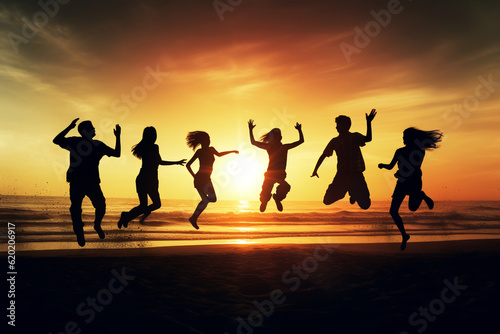 Lifestyles and leisure concept. Young adults people and friends dark silhouettes jumping into air at beach during sunset. Generative AI