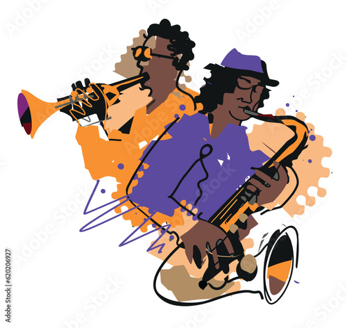 Two jazzmen, Jazz theme, trumpet player and saxophonist. Expressive colorful Illustration of two jazz musicians. Isolated on white background. Vector available.