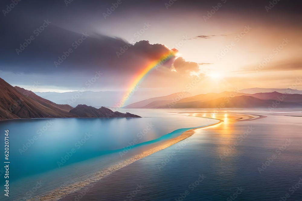 rainbow over the lake  generative by Al technology