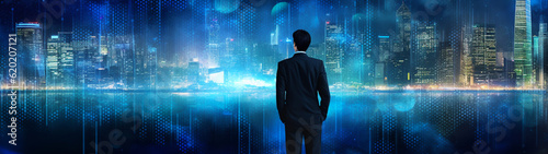 Business banner with business man silhouette and city skyline view. Futuristic digital art. Generative AI
