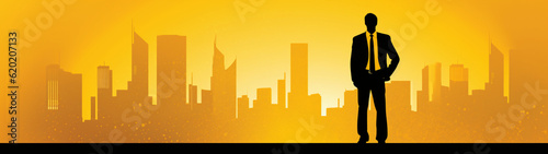 Business banner with business man silhouette and city skyline view. Generative AI