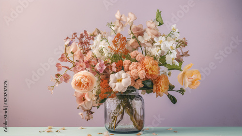 Floral Bouquet of Botanical Flowers Inside a Mason Jar - Beautiful Blooms, Petals, and Leaves - Against Purple Pastel Background with Copy Space - Generative AI