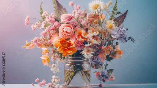 Floral Bouquet of Botanical Flowers Inside a Mason Jar - Beautiful Blooms, Petals, and Leaves - Against Purple Pastel Background with Copy Space - Generative AI