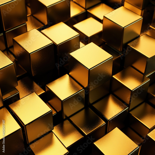 Abstract geometric gold background with cubes. Diagonal surface made of cubes.