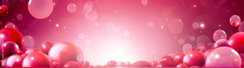 Pink festive banner with air balloons background. Copy space. Generative AI