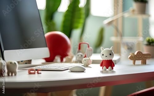 cute desk with laptop and toys