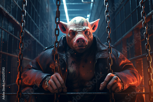 Valokuva Evil pig-looking criminal behind bars in a prison cell, generative ai