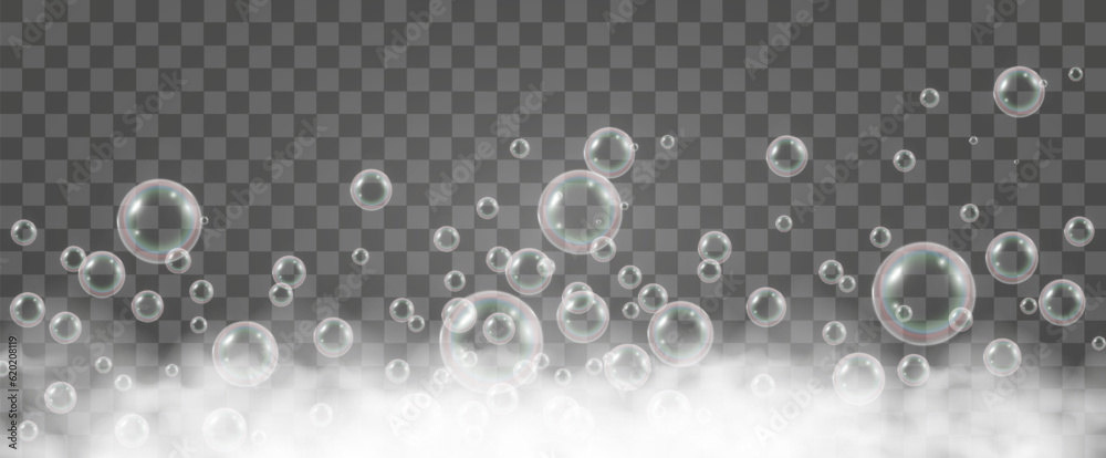 Air bubbles on a transparent background. Soap foam vector illustration.
Air bubbles on a transparent background. Soap foam vector illustration.