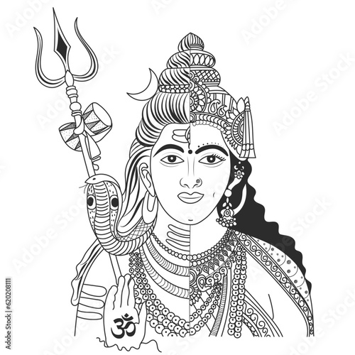 Half face Shiva and Parvati with ornaments in abstract style outline. Lord Shiva with snake, trishula and damru. Hand drawn Vector illustration.