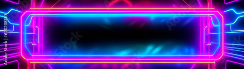 Futuristic banner with colored neon glowing light. Copy space. Generative AI