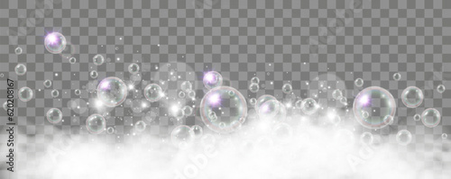 	
Air bubbles on a transparent background. Soap foam vector illustration.