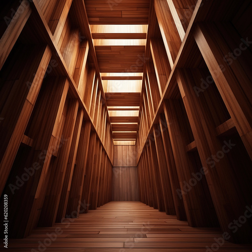 Wooden abstract architectural forms. Futuristic architecture.