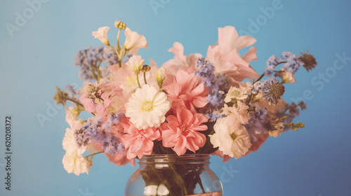 Floral Bouquet of Botanical Flowers Inside a Mason Jar - Beautiful Blooms, Petals, and Leaves - Against Blue Pastel Background with Copy Space - Generative AI