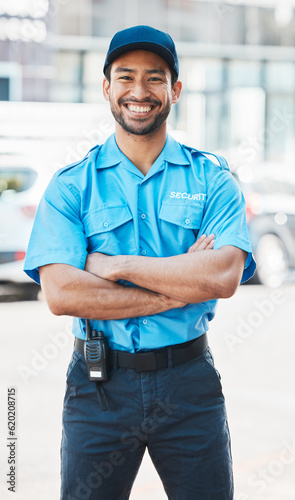 Portrait, security guard or safety officer man on the street for protection, patrol or watch. Law enforcement, happy and crime prevention worker or asian male in uniform in city with service smile