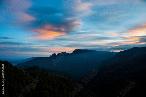 Fototapeta Naklejka Na Ścianę i Meble -  Autumn sunset in Puigsacalm peak, La Garrotxa, Spain