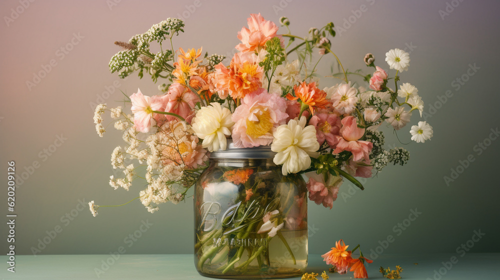 Floral Bouquet of Botanical Flowers Inside a Mason Jar - Beautiful Blooms, Petals, and Leaves - Against Mint Green Pastel Background with Copy Space - Generative AI