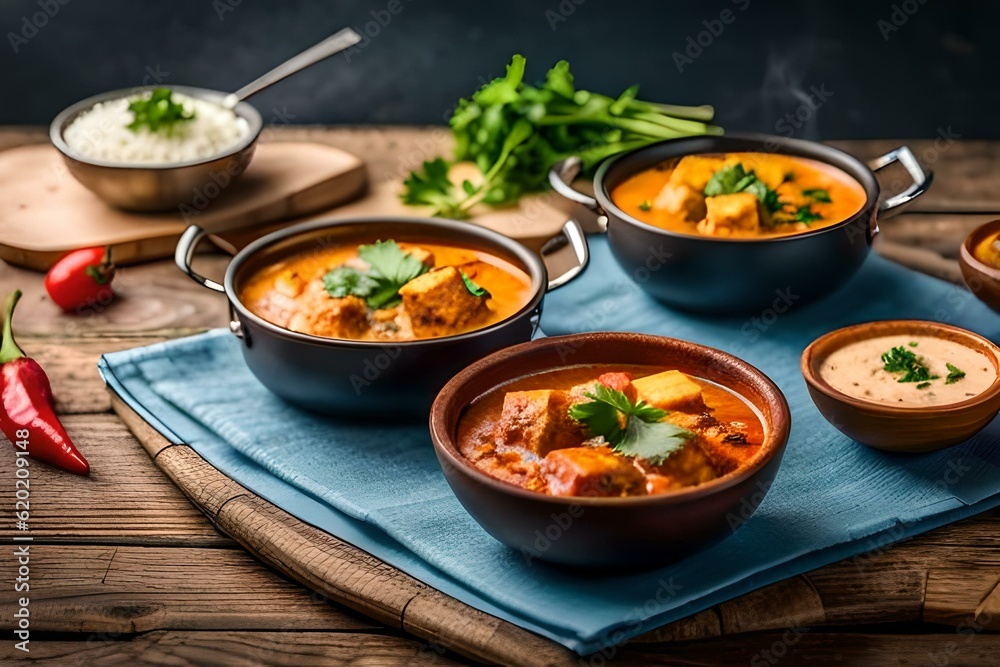  realistic image of a tantalizing Thai spicy curry, highlighting the intricate blend of spices and herbs, with a focus on the visual appeal that awakens the taste buds