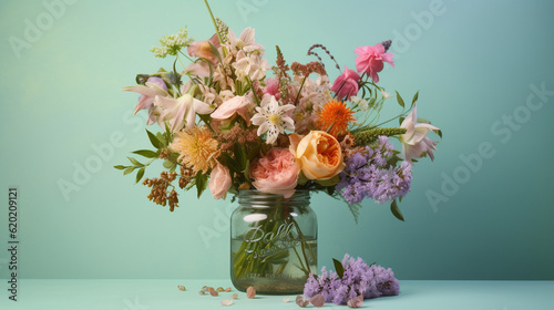 Floral Bouquet of Botanical Flowers Inside a Mason Jar - Beautiful Blooms, Petals, and Leaves - Against Mint Green Pastel Background with Copy Space - Generative AI