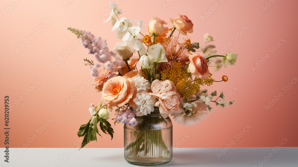 Floral Bouquet of Botanical Flowers Inside a Mason Jar - Beautiful Blooms, Petals, and Leaves - Against Coral Peach Pastel Background with Copy Space - Generative AI