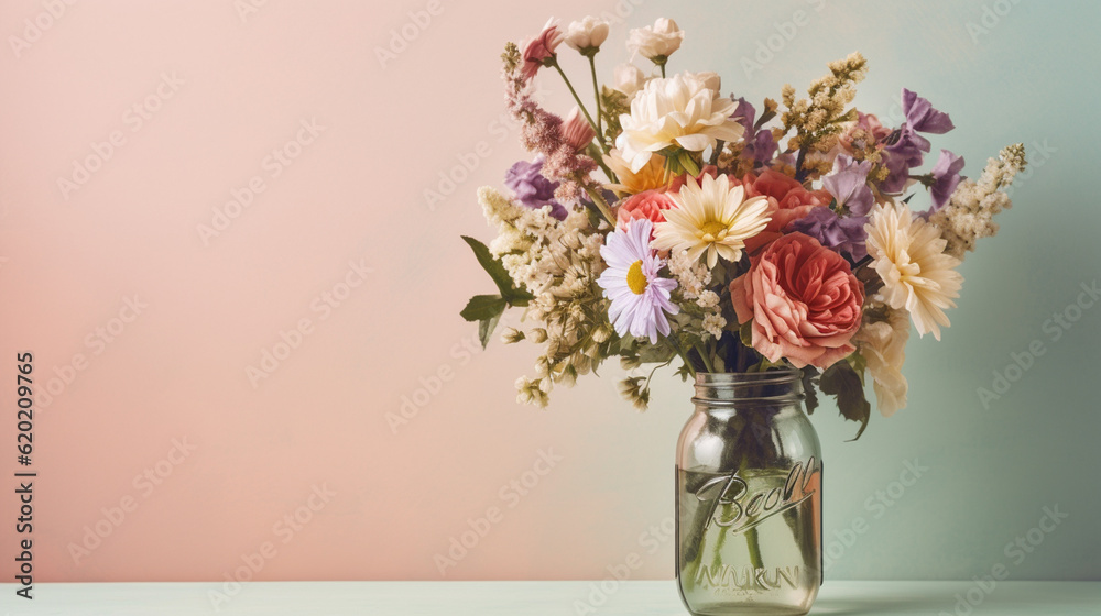 Floral Bouquet of Botanical Flowers Inside a Mason Jar - Beautiful Blooms, Petals, and Leaves - Against Coral Peach Pastel Background with Copy Space - Generative AI Floral Bouquet of Botanical Flowers Inside a Mason Jar - Beautiful Blooms, Petals, and Leaves - Against Coral Peach Pastel Background with Copy Space - Generative AI
