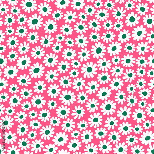 Cute floral pattern in the small chamomile flowers. Seamless vector texture. Naive template for fashion prints. Printing with small daisy flowers. Pink background. Stock print.